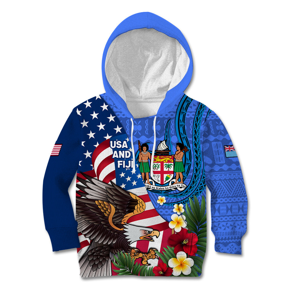 United States And Fiji Kid Hoodie USA Flag Eagle Mix Fijian Coat Of Arms Tapa Pattern LT14 Hoodie Blue - Polynesian Pride