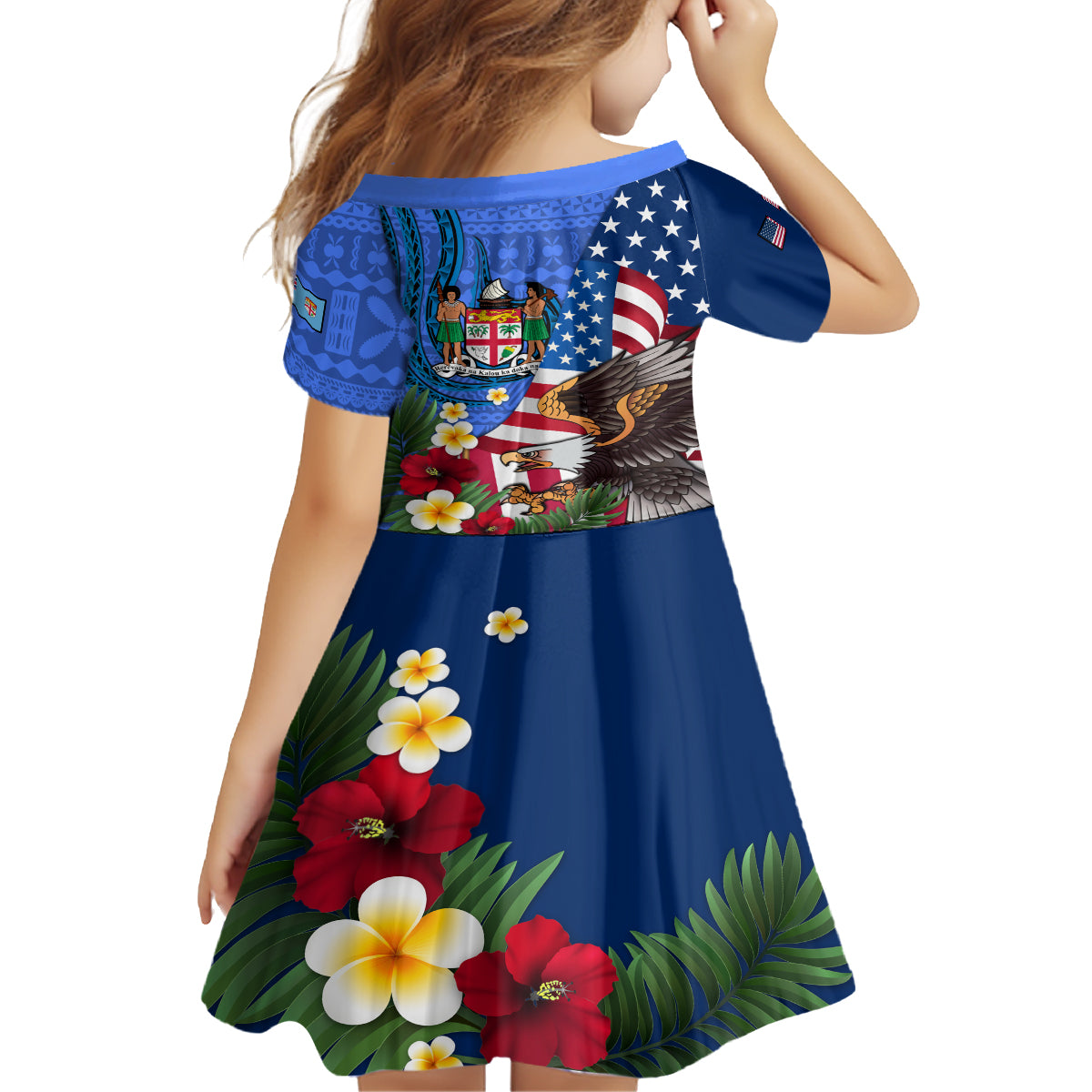 United States And Fiji Kid Short Sleeve Dress USA Flag Eagle Mix Fijian Coat Of Arms Tapa Pattern LT14 - Polynesian Pride