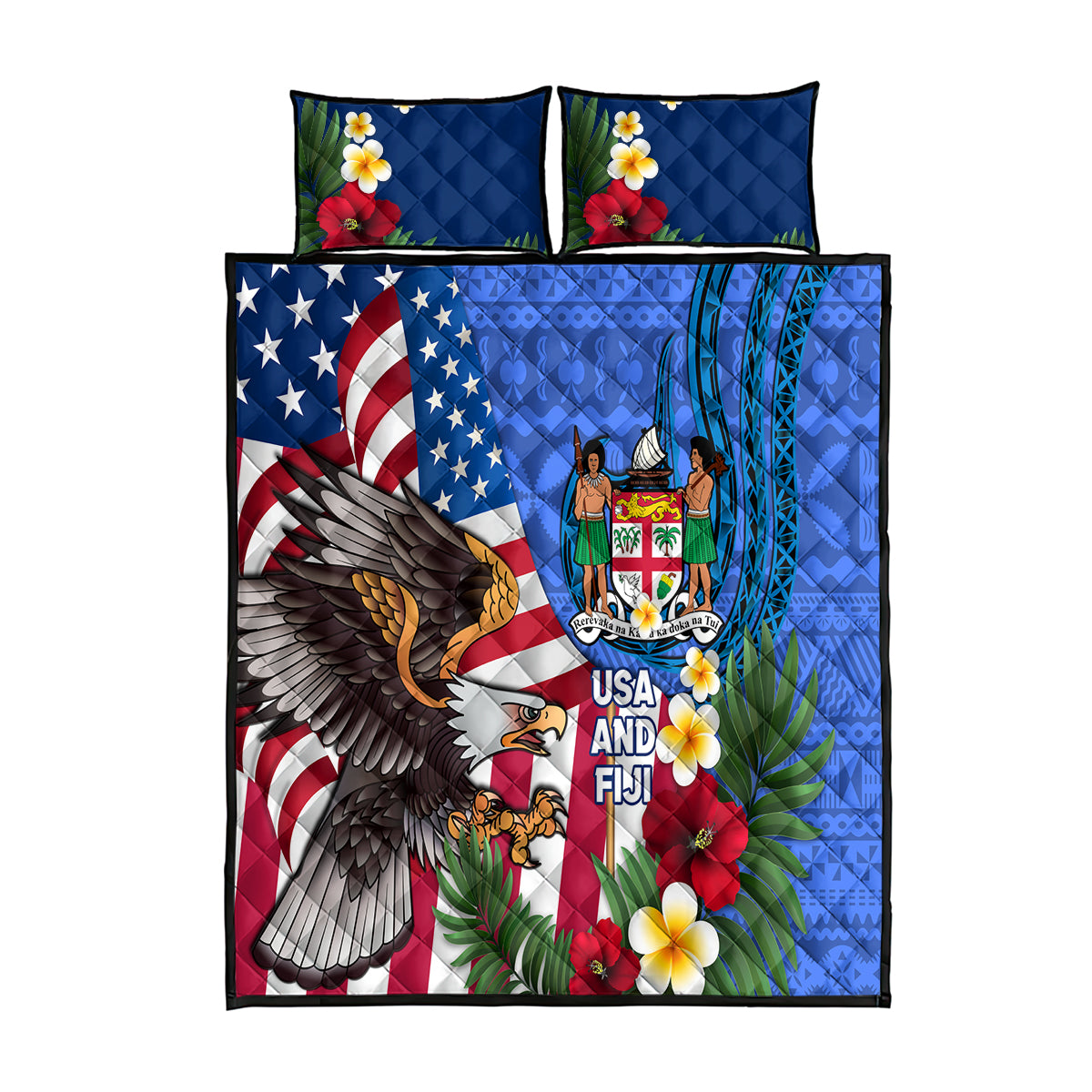 United States And Fiji Quilt Bed Set USA Flag Eagle Mix Fijian Coat Of Arms Tapa Pattern LT14 Blue - Polynesian Pride