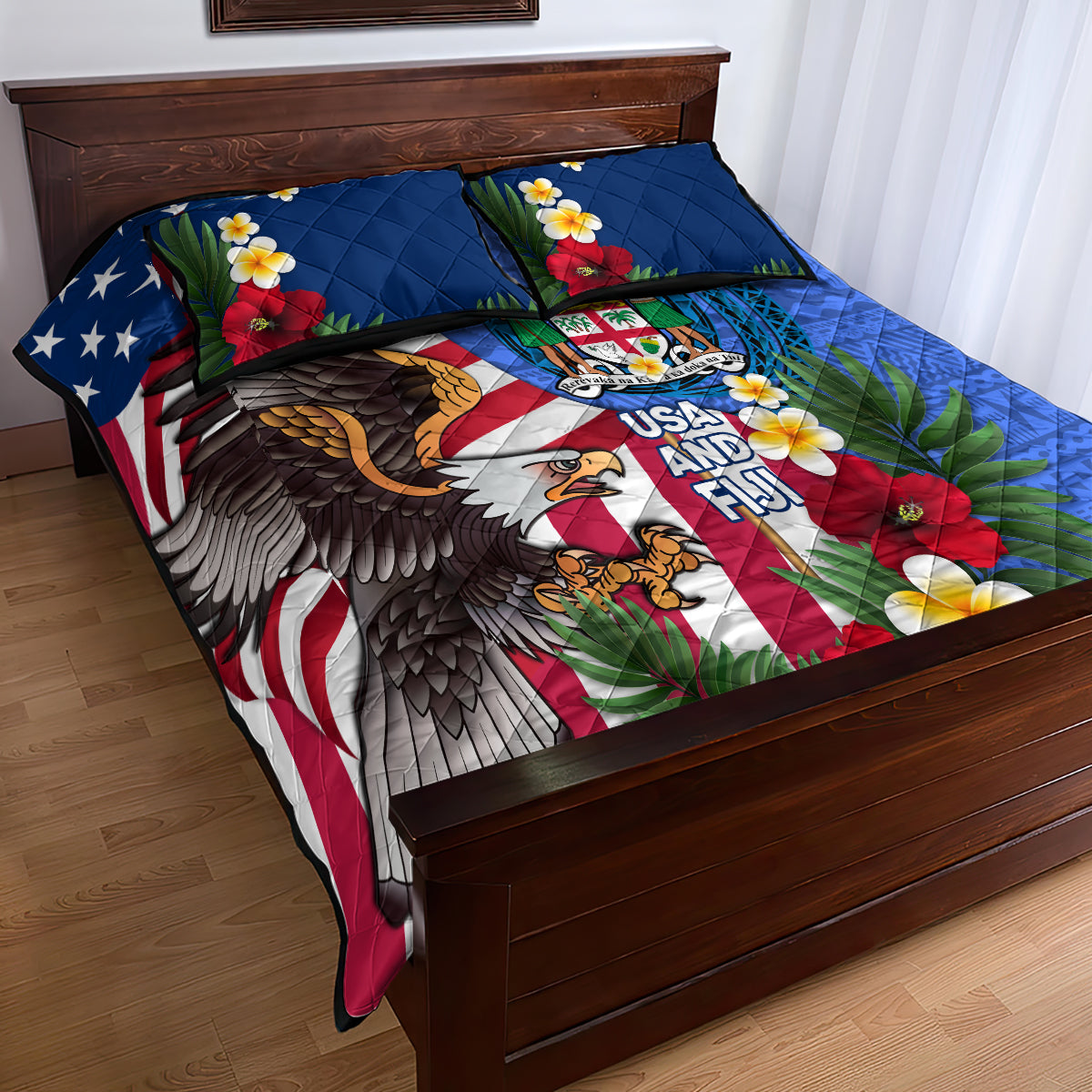 United States And Fiji Quilt Bed Set USA Flag Eagle Mix Fijian Coat Of Arms Tapa Pattern LT14 - Polynesian Pride