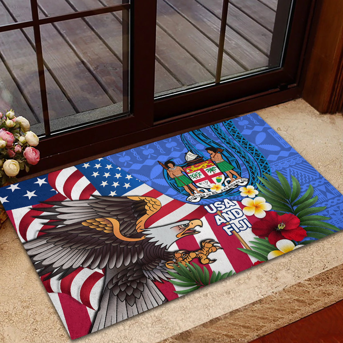 United States And Fiji Rubber Doormat USA Flag Eagle Mix Fijian Coat Of Arms Tapa Pattern LT14 - Polynesian Pride