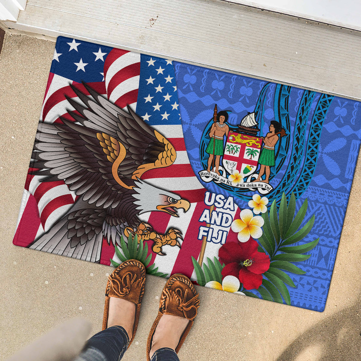 United States And Fiji Rubber Doormat USA Flag Eagle Mix Fijian Coat Of Arms Tapa Pattern LT14 - Polynesian Pride