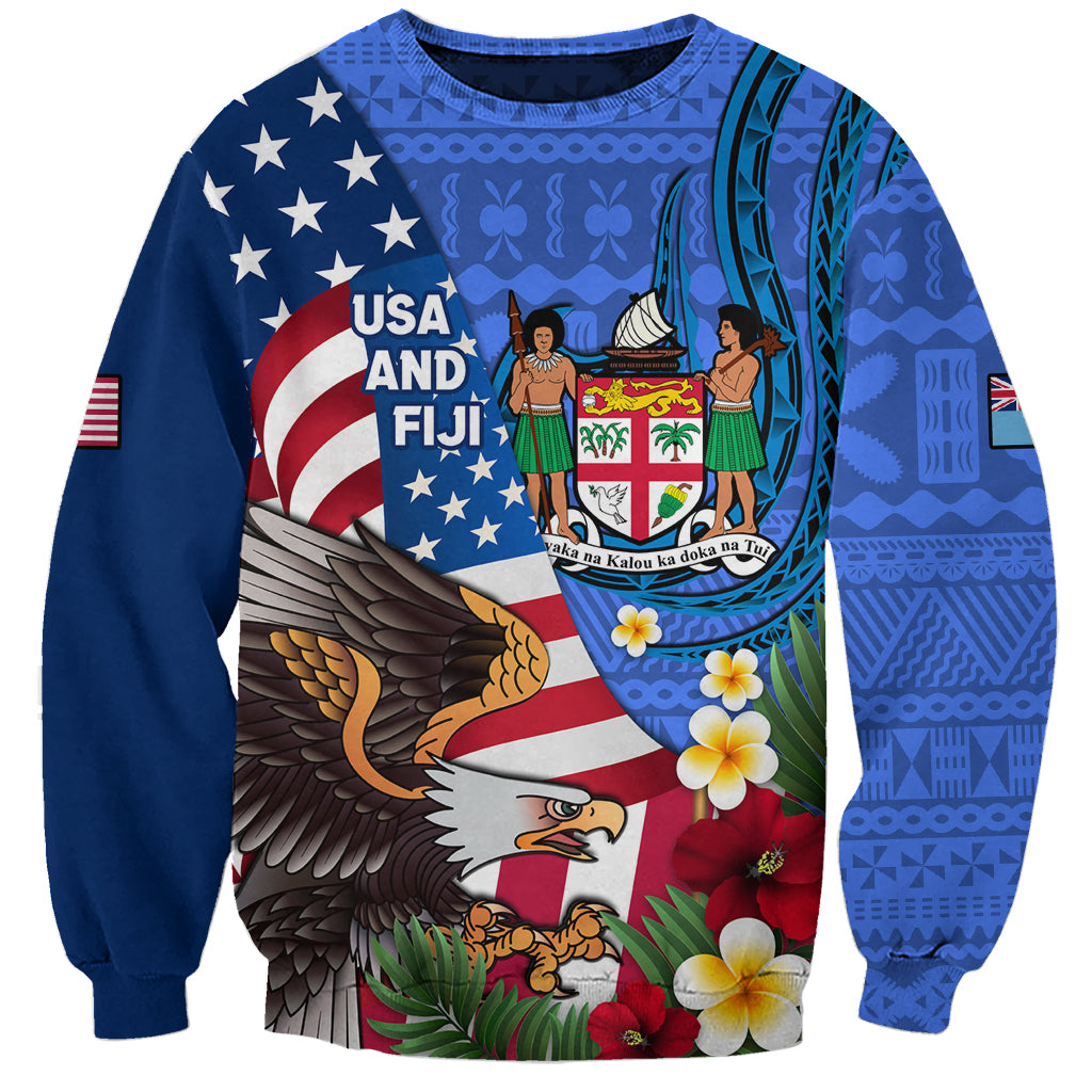 United States And Fiji Sweatshirt USA Flag Eagle Mix Fijian Coat Of Arms Tapa Pattern LT14 Unisex Blue - Polynesian Pride