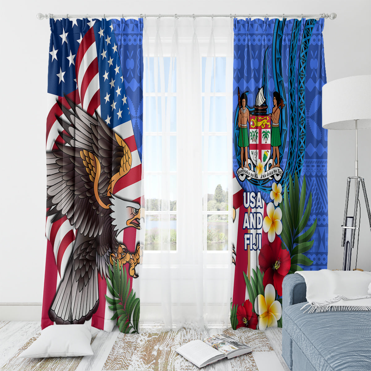 United States And Fiji Window Curtain USA Flag Eagle Mix Fijian Coat Of Arms Tapa Pattern LT14 - Polynesian Pride