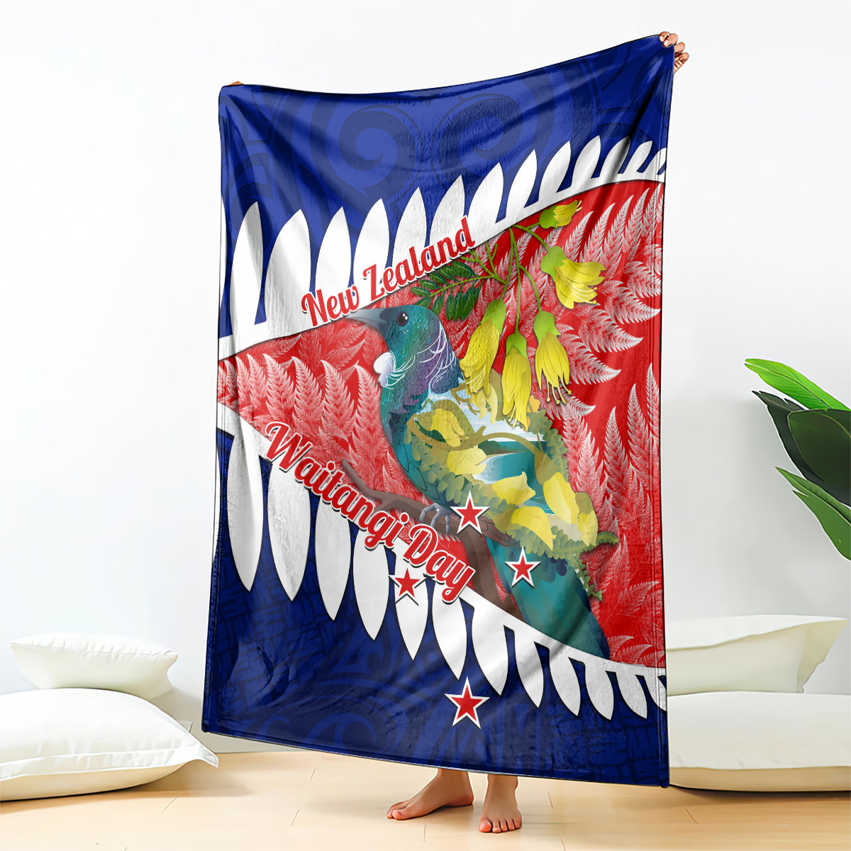 New Zealand Waitangi Day Blanket NZ Maori Tui Bird With Kowhai Flowers LT14 Blue - Polynesian Pride