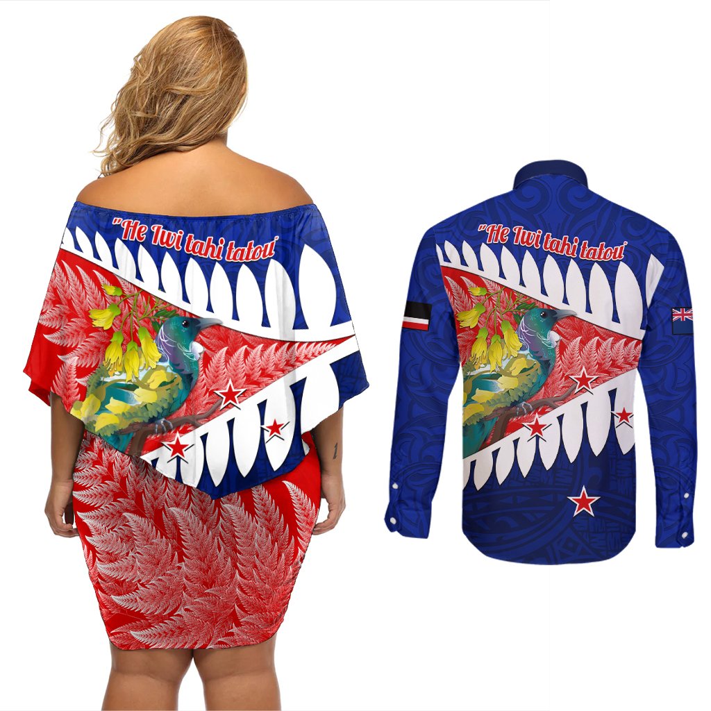 New Zealand Waitangi Day Couples Matching Off Shoulder Short Dress and Long Sleeve Button Shirt NZ Maori Tui Bird With Kowhai Flowers LT14 - Polynesian Pride