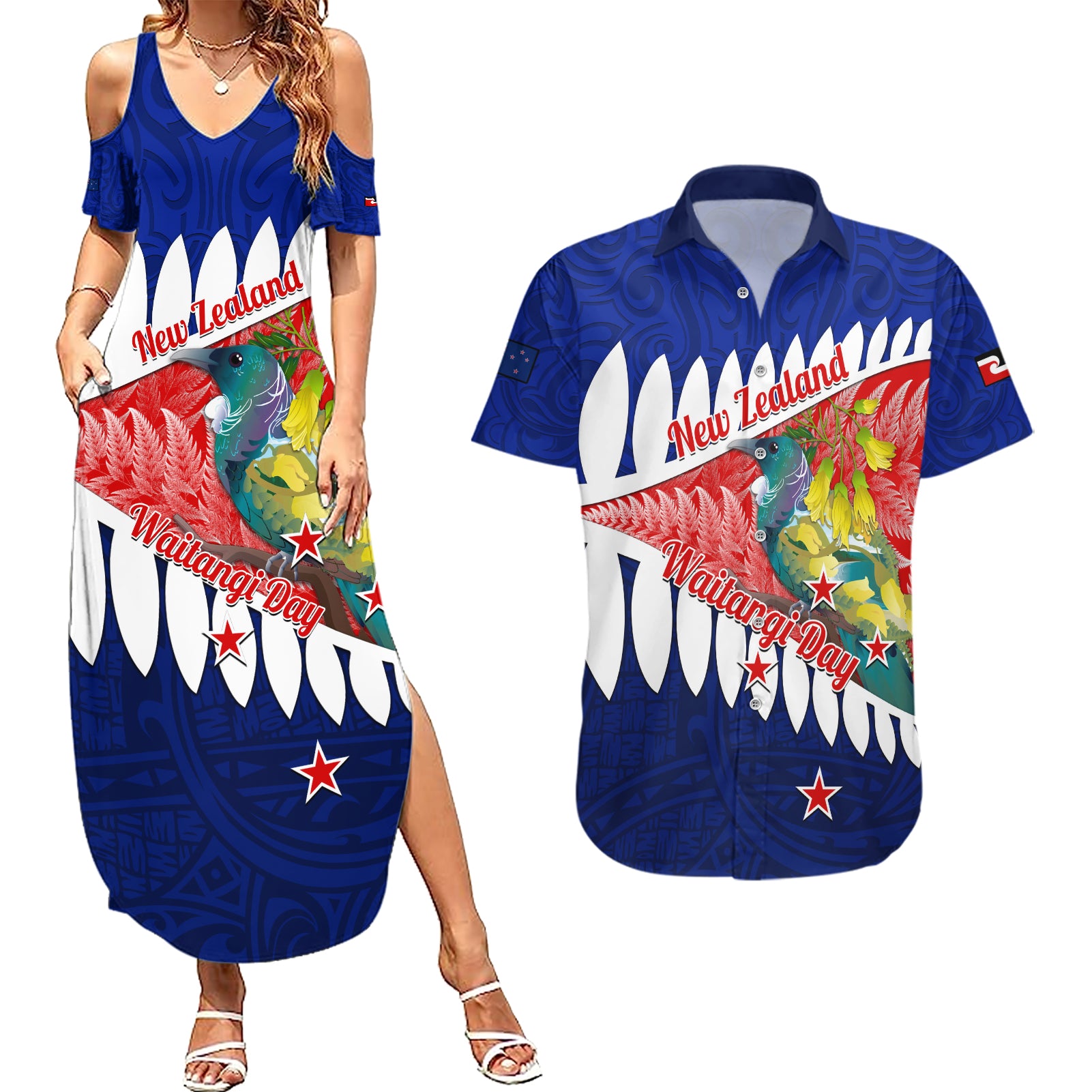 New Zealand Waitangi Day Couples Matching Summer Maxi Dress and Hawaiian Shirt NZ Maori Tui Bird With Kowhai Flowers LT14 Blue - Polynesian Pride