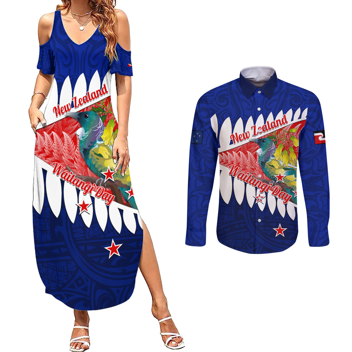 New Zealand Waitangi Day Couples Matching Summer Maxi Dress and Long Sleeve Button Shirt NZ Maori Tui Bird With Kowhai Flowers LT14 Blue - Polynesian Pride