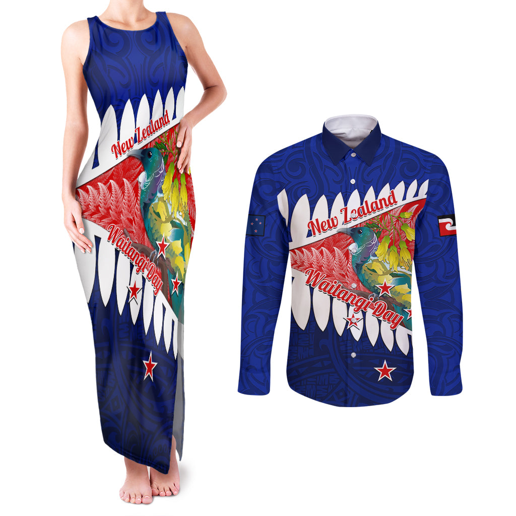 New Zealand Waitangi Day Couples Matching Tank Maxi Dress and Long Sleeve Button Shirt NZ Maori Tui Bird With Kowhai Flowers LT14 Blue - Polynesian Pride