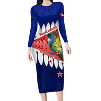 New Zealand Waitangi Day Family Matching Long Sleeve Bodycon Dress and Hawaiian Shirt NZ Maori Tui Bird With Kowhai Flowers LT14 Mom's Dress Blue - Polynesian Pride