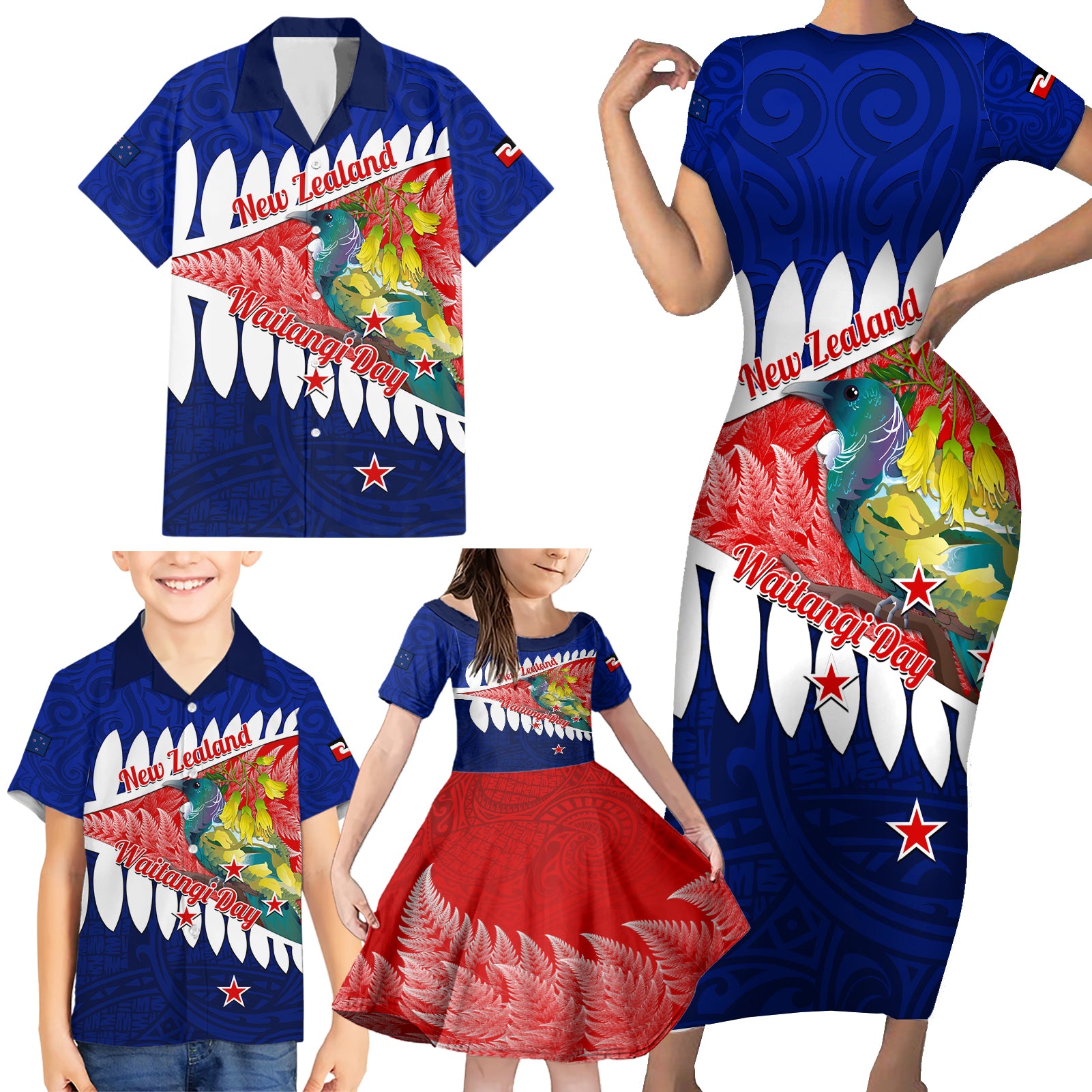 New Zealand Waitangi Day Family Matching Short Sleeve Bodycon Dress and Hawaiian Shirt NZ Maori Tui Bird With Kowhai Flowers LT14 - Polynesian Pride