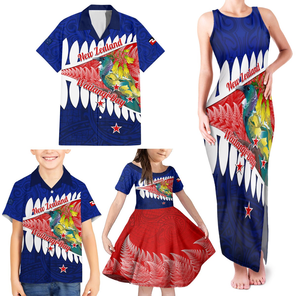 New Zealand Waitangi Day Family Matching Tank Maxi Dress and Hawaiian Shirt NZ Maori Tui Bird With Kowhai Flowers LT14 - Polynesian Pride