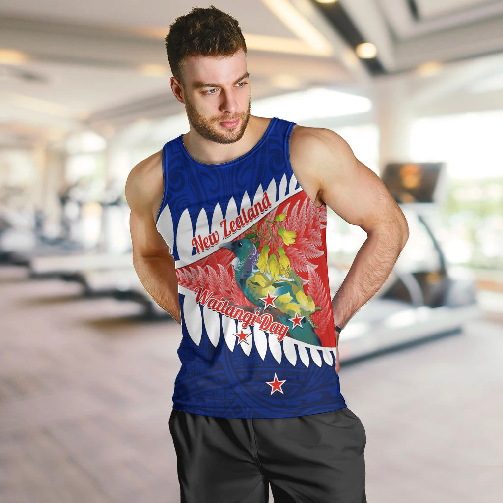 New Zealand Waitangi Day Men Tank Top NZ Maori Tui Bird With Kowhai Flowers LT14 Blue - Polynesian Pride