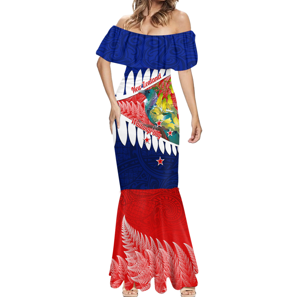 New Zealand Waitangi Day Mermaid Dress NZ Maori Tui Bird With Kowhai Flowers LT14 - Polynesian Pride