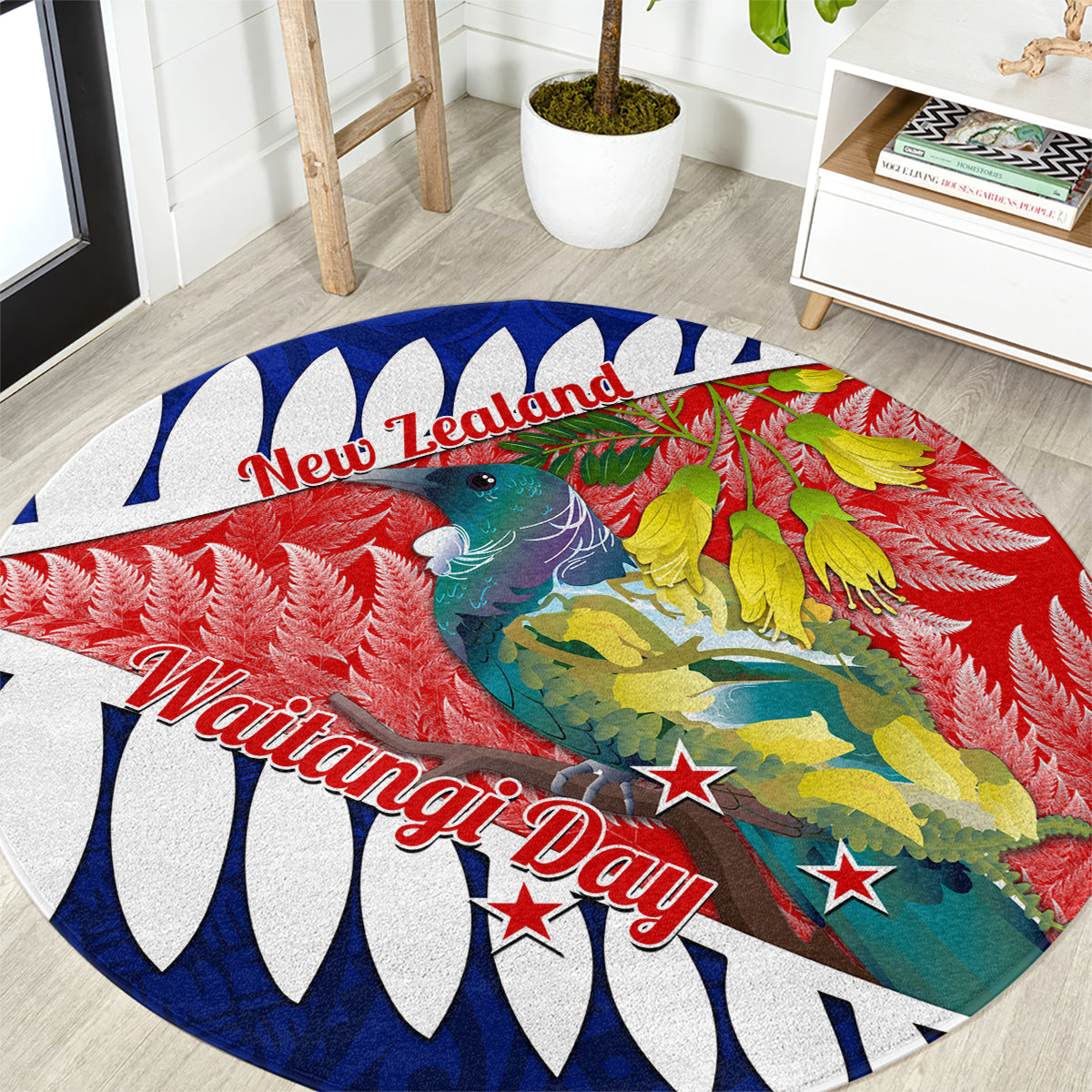 New Zealand Waitangi Day Round Carpet NZ Maori Tui Bird With Kowhai Flowers LT14 Blue - Polynesian Pride