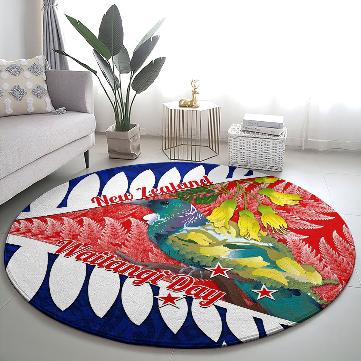 New Zealand Waitangi Day Round Carpet NZ Maori Tui Bird With Kowhai Flowers LT14 - Polynesian Pride