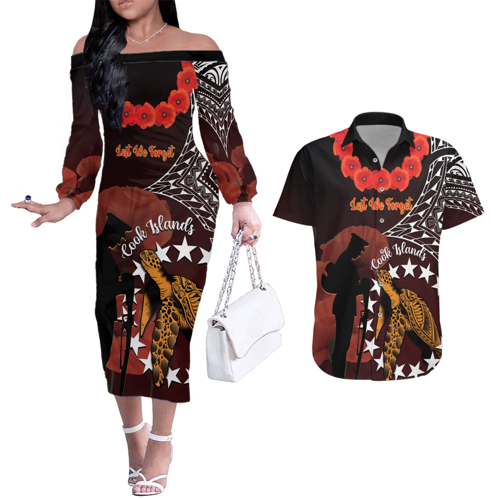Cook Islands ANZAC Day Couples Matching Off The Shoulder Long Sleeve Dress and Hawaiian Shirt Poppies With Sea Turtle LT14 Red - Polynesian Pride