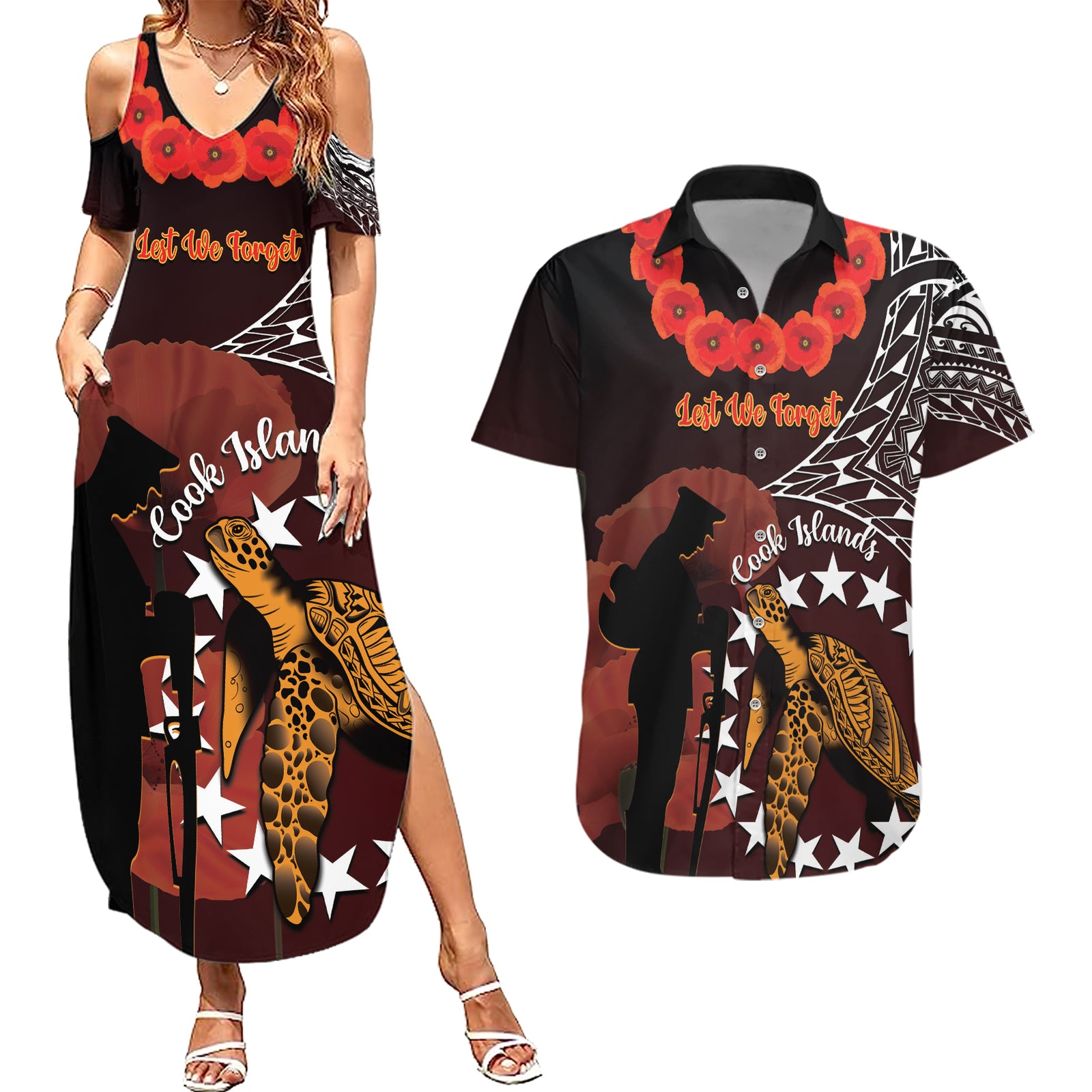 Cook Islands ANZAC Day Couples Matching Summer Maxi Dress and Hawaiian Shirt Poppies With Sea Turtle LT14 Red - Polynesian Pride