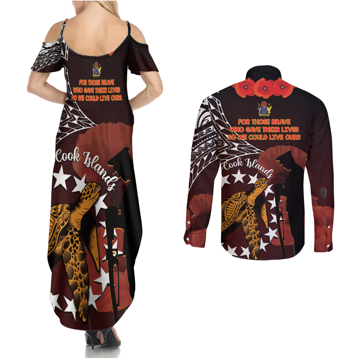 Cook Islands ANZAC Day Couples Matching Summer Maxi Dress and Long Sleeve Button Shirt Poppies With Sea Turtle LT14 - Polynesian Pride