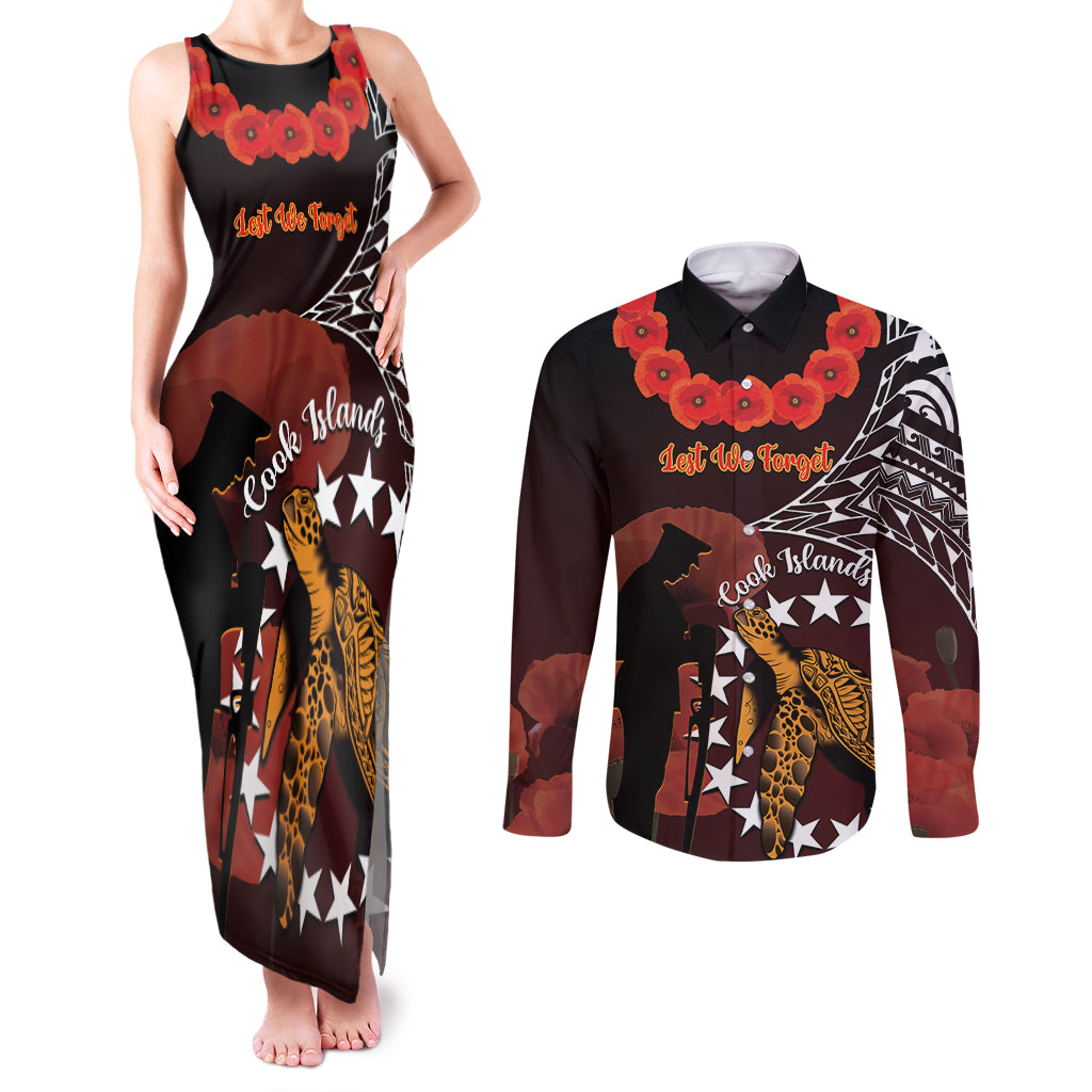 Cook Islands ANZAC Day Couples Matching Tank Maxi Dress and Long Sleeve Button Shirt Poppies With Sea Turtle LT14 Red - Polynesian Pride