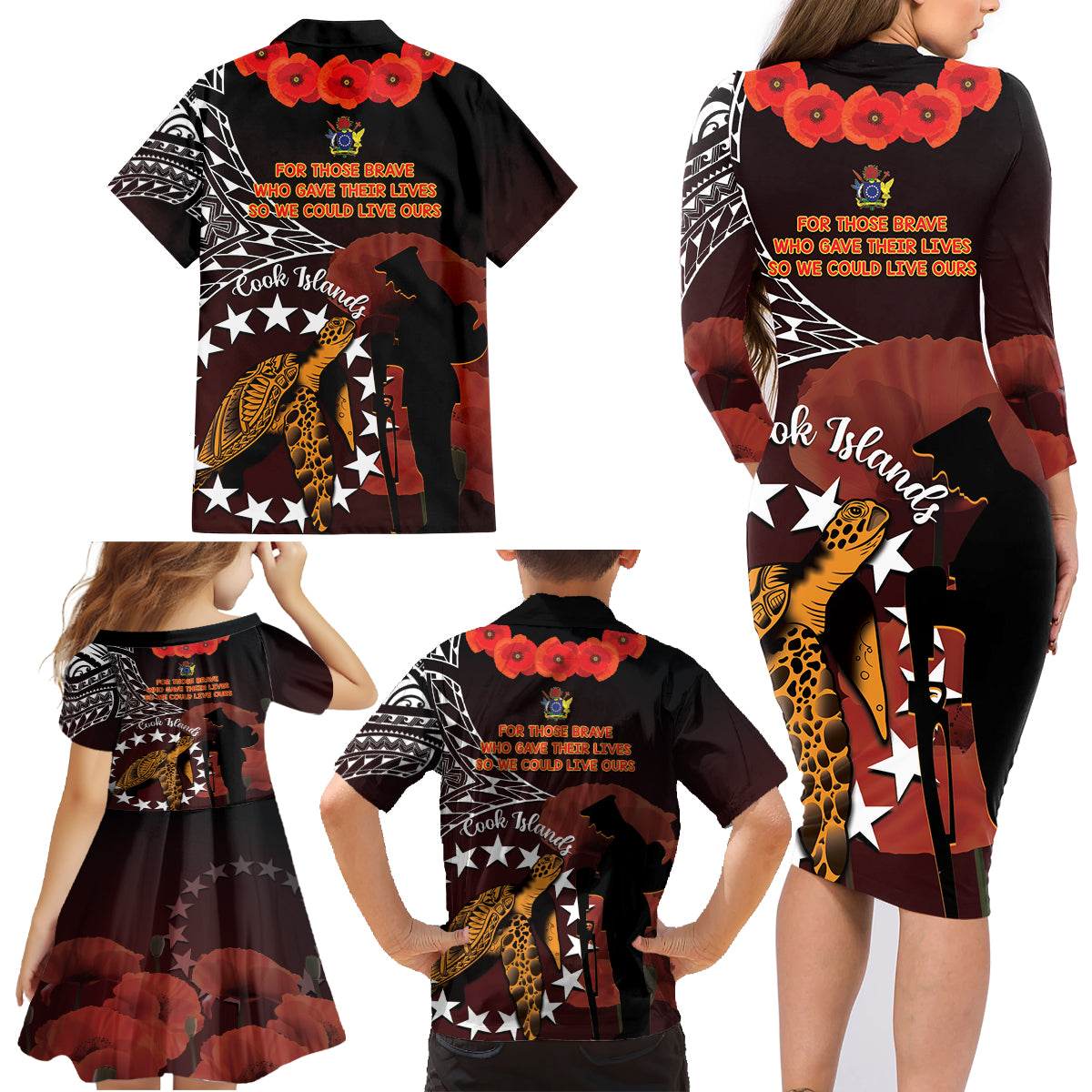 Cook Islands ANZAC Day Family Matching Long Sleeve Bodycon Dress and Hawaiian Shirt Poppies With Sea Turtle LT14 - Polynesian Pride