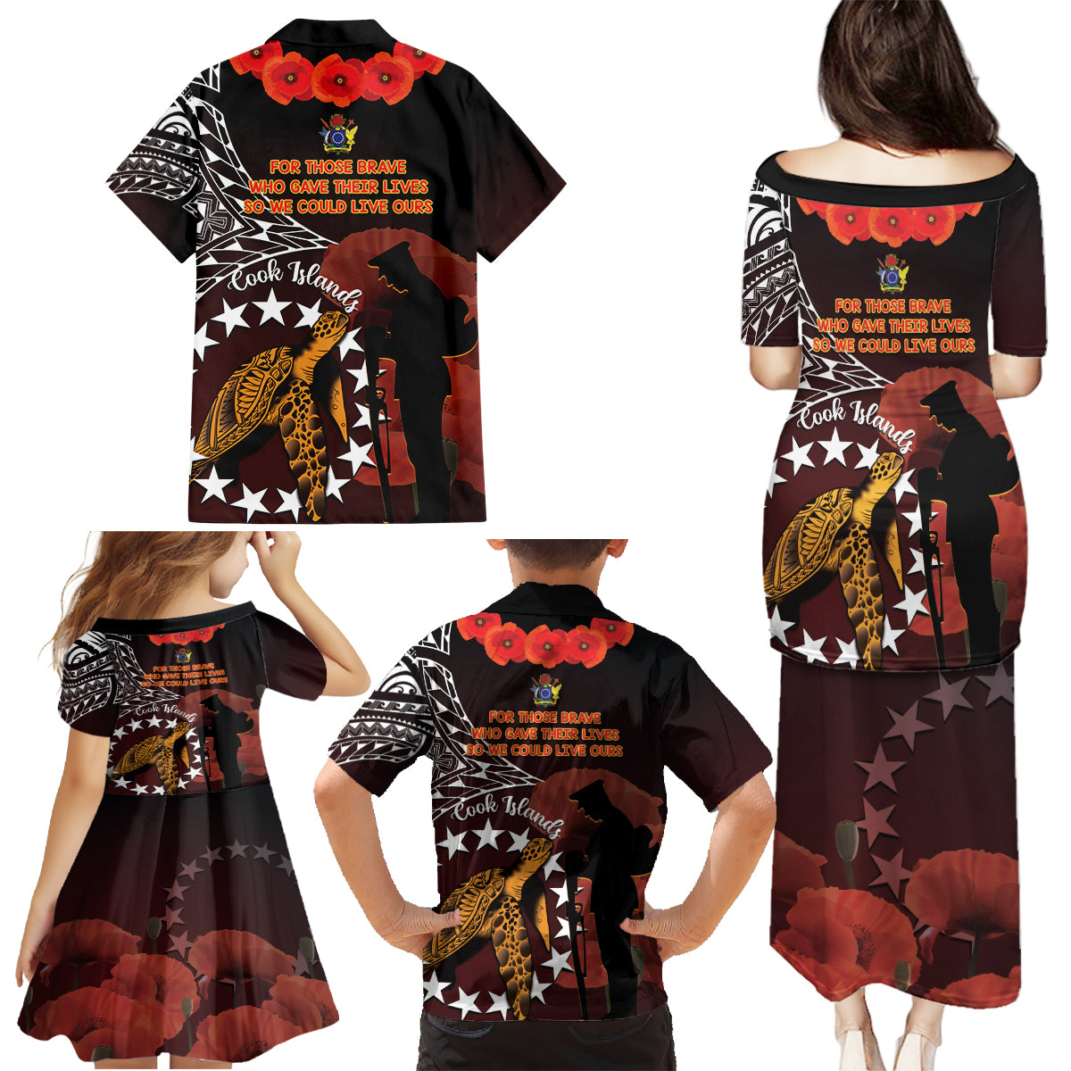Cook Islands ANZAC Day Family Matching Puletasi and Hawaiian Shirt Poppies With Sea Turtle LT14 - Polynesian Pride