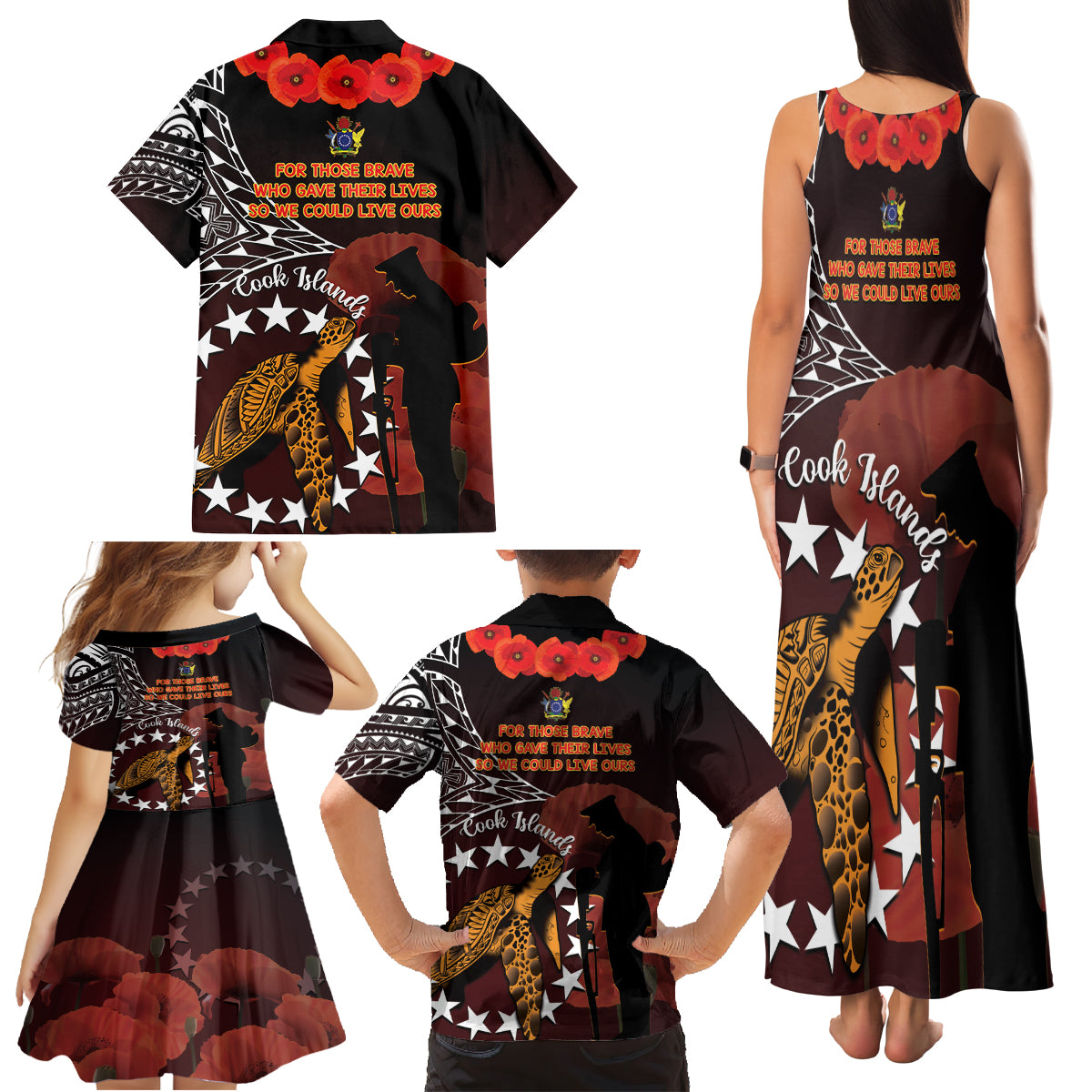 Cook Islands ANZAC Day Family Matching Tank Maxi Dress and Hawaiian Shirt Poppies With Sea Turtle LT14 - Polynesian Pride