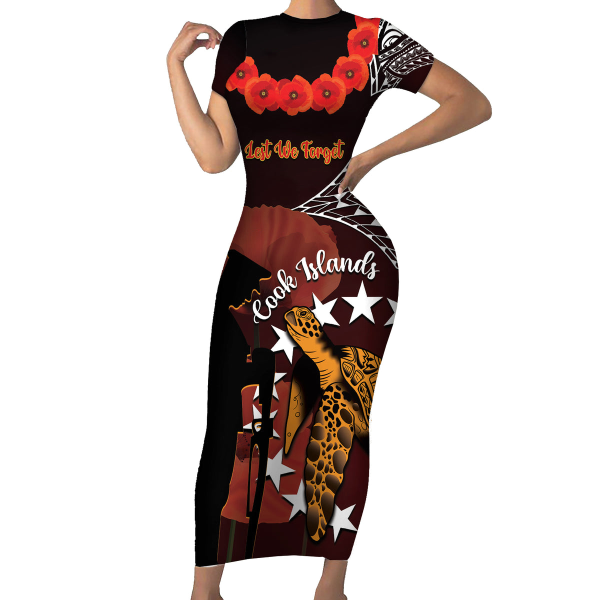 Cook Islands ANZAC Day Short Sleeve Bodycon Dress Poppies With Sea Turtle LT14 Long Dress Red - Polynesian Pride