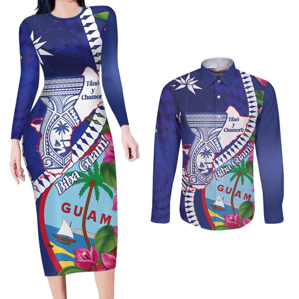 Biba Guam Liberation Day Couples Matching Long Sleeve Bodycon Dress and Long Sleeve Button Shirt Tano y Chamoru Latte Stone Blue