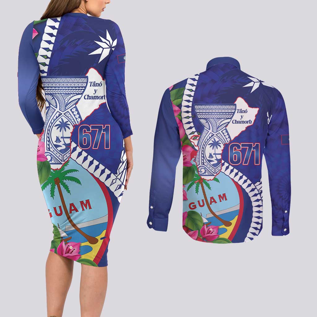 Biba Guam Liberation Day Couples Matching Long Sleeve Bodycon Dress and Long Sleeve Button Shirt Tano y Chamoru Latte Stone Blue