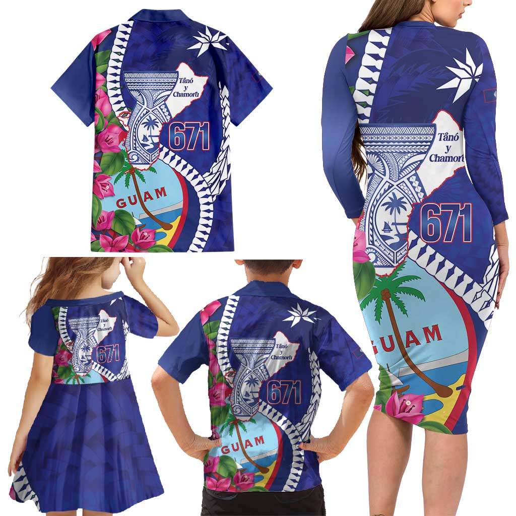 Biba Guam Liberation Day Family Matching Long Sleeve Bodycon Dress and Hawaiian Shirt Tano y Chamoru Latte Stone Blue