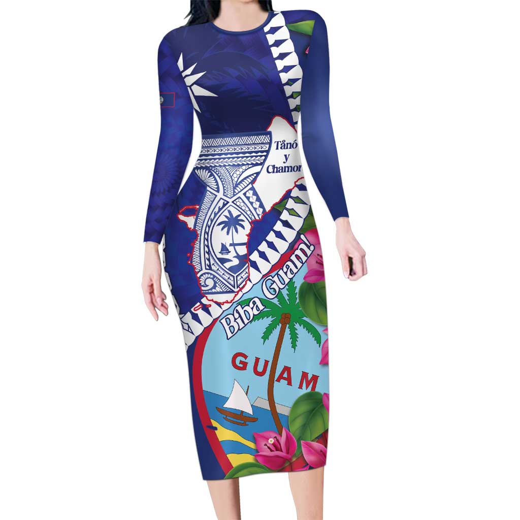 Biba Guam Liberation Day Long Sleeve Bodycon Dress Tano y Chamoru Latte Stone Blue