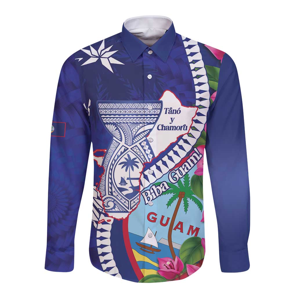 Biba Guam Liberation Day Long Sleeve Button Shirt Tano y Chamoru Latte Stone Blue