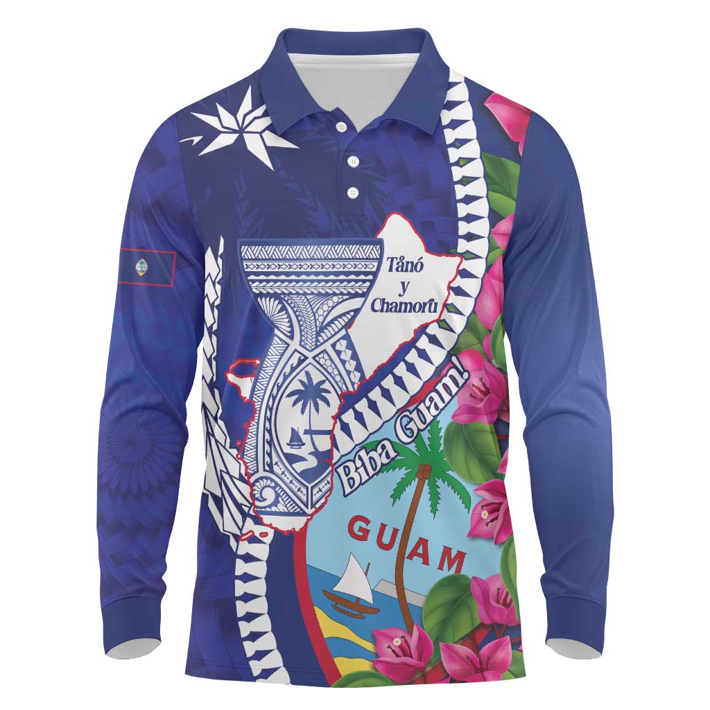 Biba Guam Liberation Day Long Sleeve Polo Shirt Tano y Chamoru Latte Stone Blue