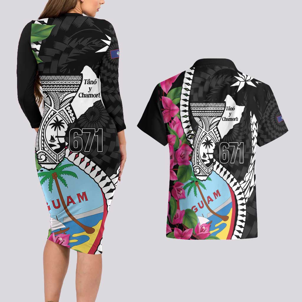 Biba Guam Liberation Day Couples Matching Long Sleeve Bodycon Dress and Hawaiian Shirt Tano y Chamoru Latte Stone Black