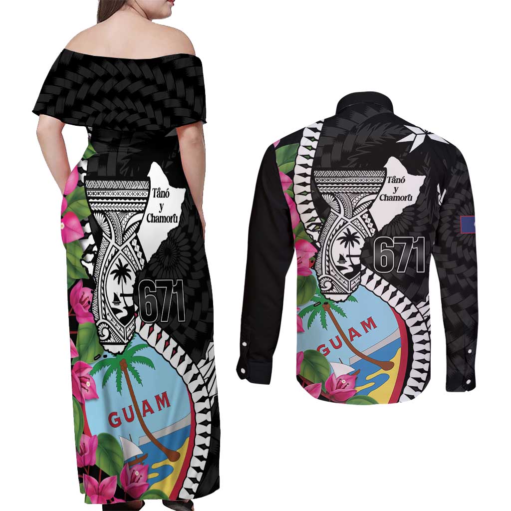 Biba Guam Liberation Day Couples Matching Off Shoulder Maxi Dress and Long Sleeve Button Shirt Tano y Chamoru Latte Stone Black