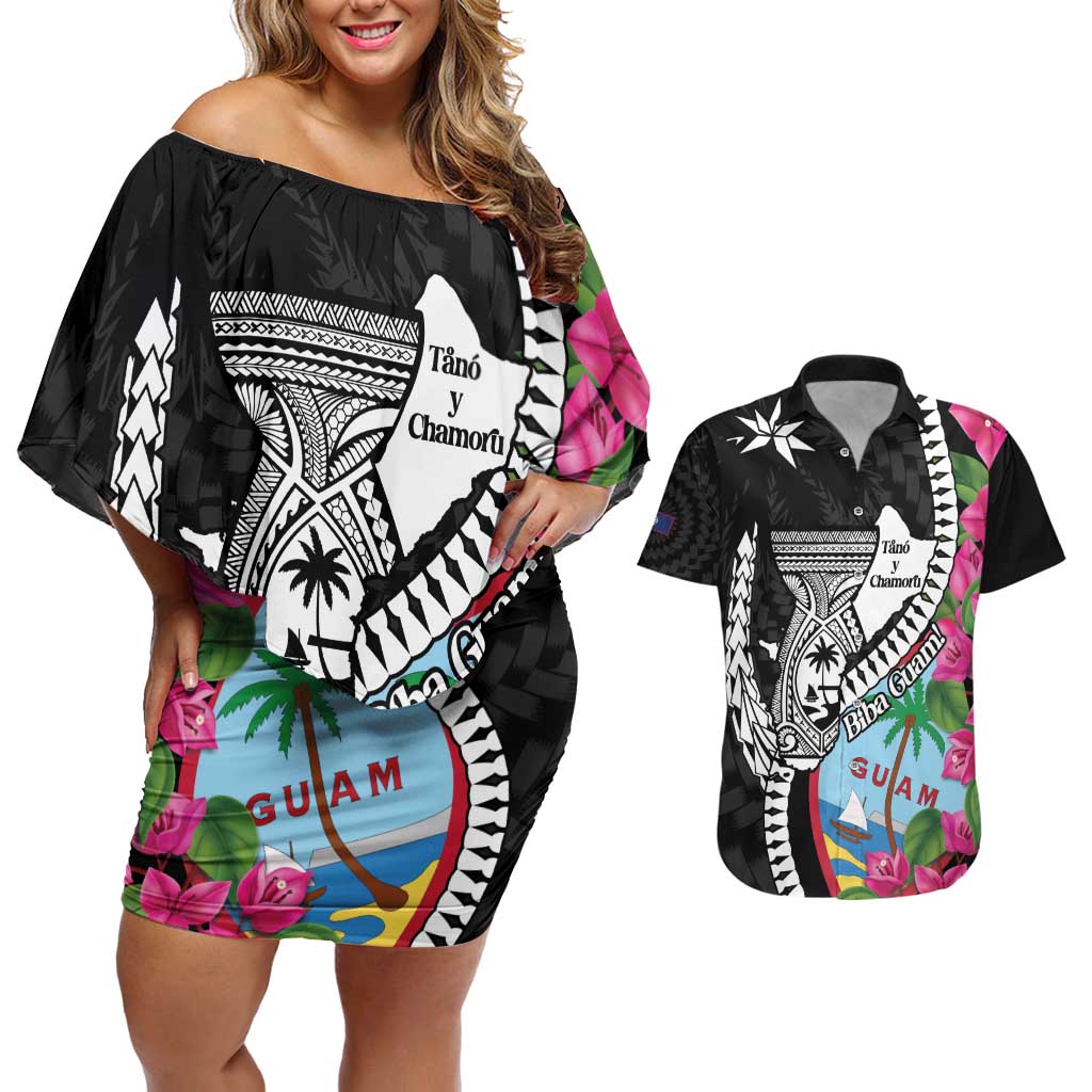 Biba Guam Liberation Day Couples Matching Off Shoulder Short Dress and Hawaiian Shirt Tano y Chamoru Latte Stone Black