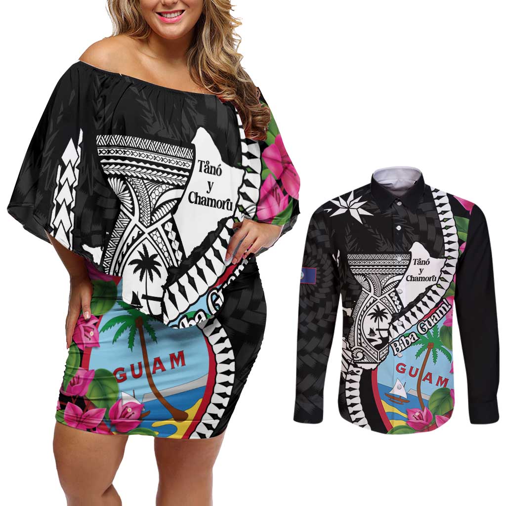 Biba Guam Liberation Day Couples Matching Off Shoulder Short Dress and Long Sleeve Button Shirt Tano y Chamoru Latte Stone Black