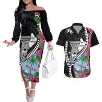 Biba Guam Liberation Day Couples Matching Off The Shoulder Long Sleeve Dress and Hawaiian Shirt Tano y Chamoru Latte Stone Black