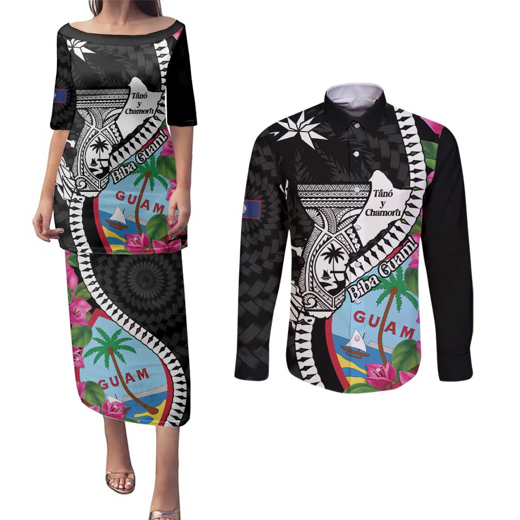 Biba Guam Liberation Day Couples Matching Puletasi and Long Sleeve Button Shirt Tano y Chamoru Latte Stone Black