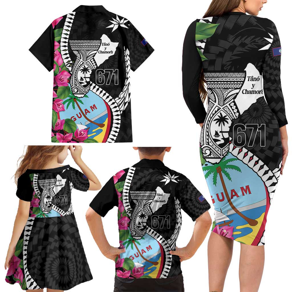 Biba Guam Liberation Day Family Matching Long Sleeve Bodycon Dress and Hawaiian Shirt Tano y Chamoru Latte Stone Black