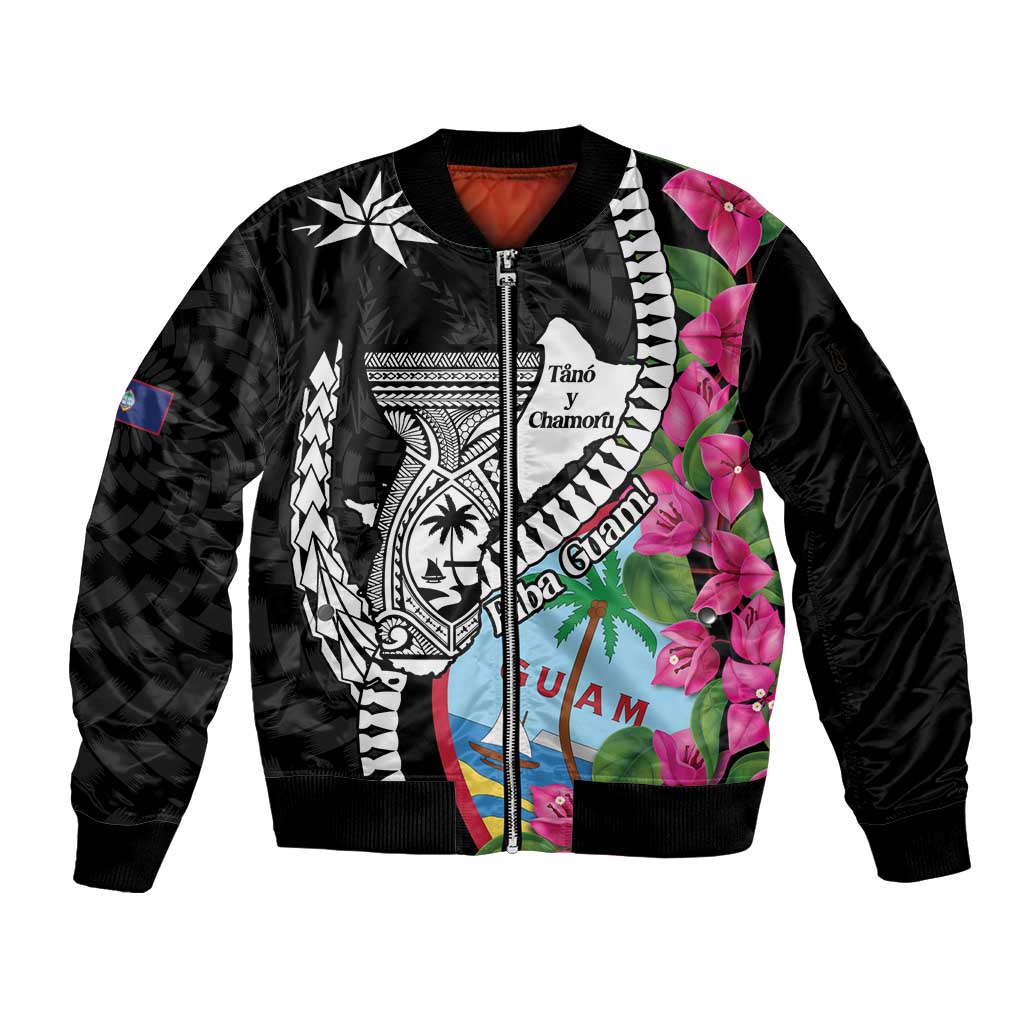 Biba Guam Liberation Day Sleeve Zip Bomber Jacket Tano y Chamoru Latte Stone Black