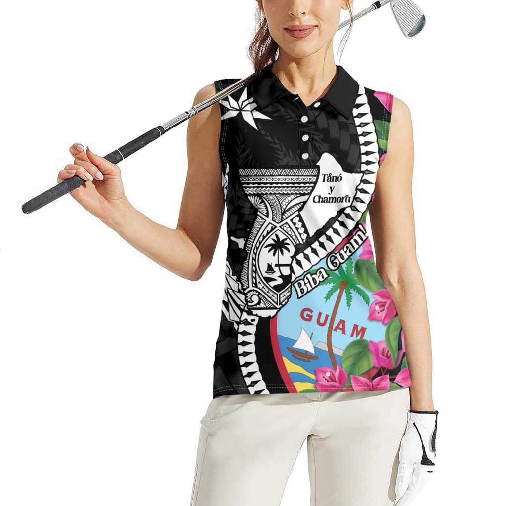 Biba Guam Liberation Day Women Sleeveless Polo Shirt Tano y Chamoru Latte Stone Black