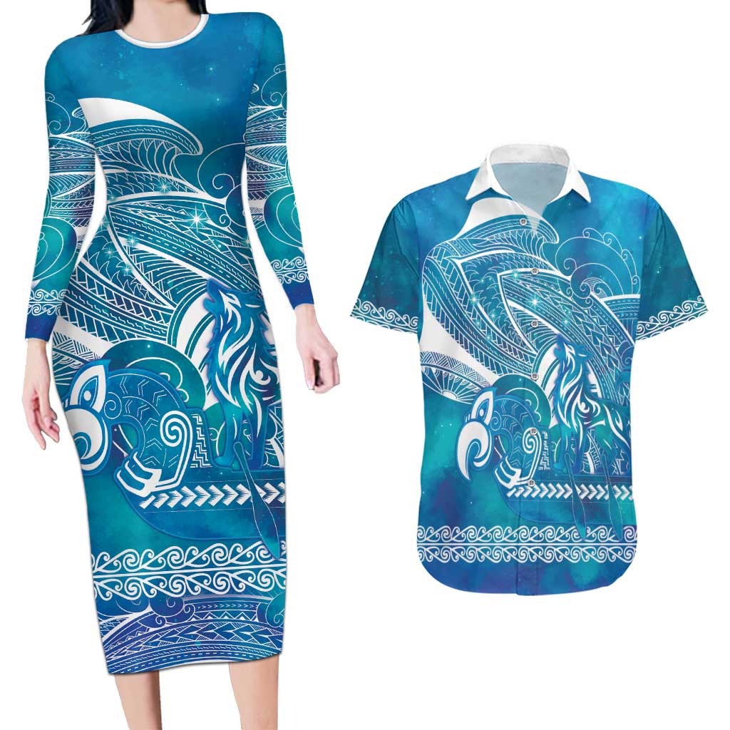Kuri Dog Waka New Zealand Matariki Couples Matching Long Sleeve Bodycon Dress and Hawaiian Shirt Ocean Sharks Maori Tattoo LT14 Blue - Polynesian Pride