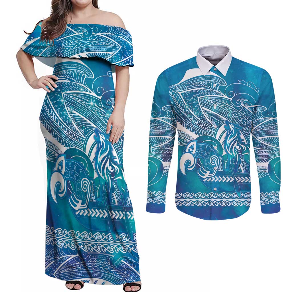 Kuri Dog Waka New Zealand Matariki Couples Matching Off Shoulder Maxi Dress and Long Sleeve Button Shirt Ocean Sharks Maori Tattoo