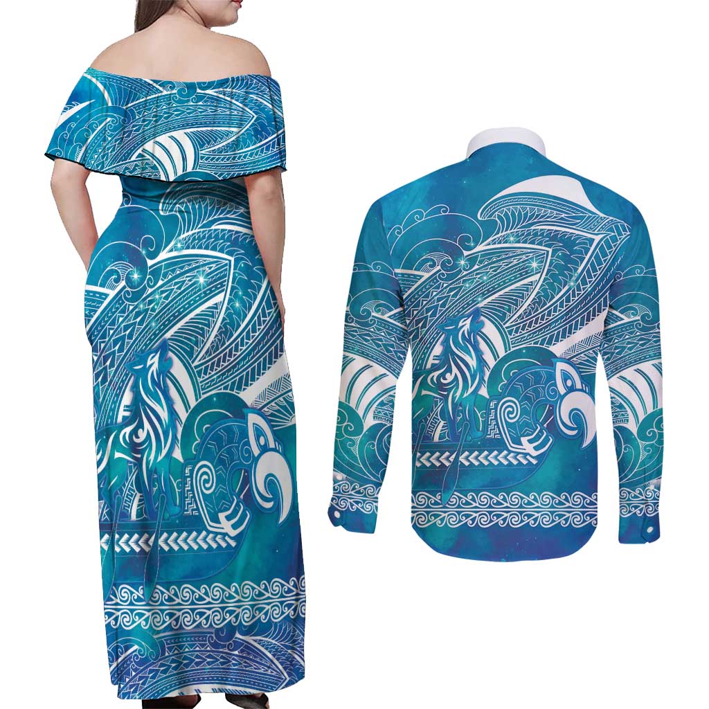 Kuri Dog Waka New Zealand Matariki Couples Matching Off Shoulder Maxi Dress and Long Sleeve Button Shirt Ocean Sharks Maori Tattoo LT14 - Polynesian Pride