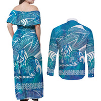 Kuri Dog Waka New Zealand Matariki Couples Matching Off Shoulder Maxi Dress and Long Sleeve Button Shirt Ocean Sharks Maori Tattoo LT14 - Polynesian Pride