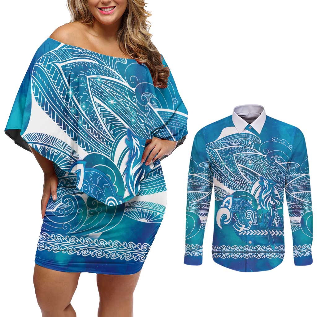 Kuri Dog Waka New Zealand Matariki Couples Matching Off Shoulder Short Dress and Long Sleeve Button Shirt Ocean Sharks Maori Tattoo