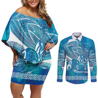Kuri Dog Waka New Zealand Matariki Couples Matching Off Shoulder Short Dress and Long Sleeve Button Shirt Ocean Sharks Maori Tattoo LT14 Blue - Polynesian Pride