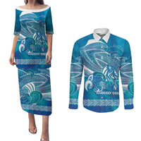 Kuri Dog Waka New Zealand Matariki Couples Matching Puletasi and Long Sleeve Button Shirt Ocean Sharks Maori Tattoo